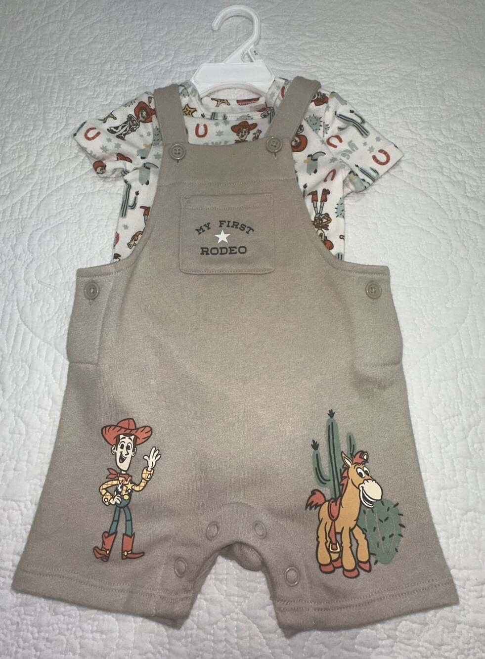 NWOT Disney Jumping Beans Toy Story Shortall Set Size 6M My First Rodeo